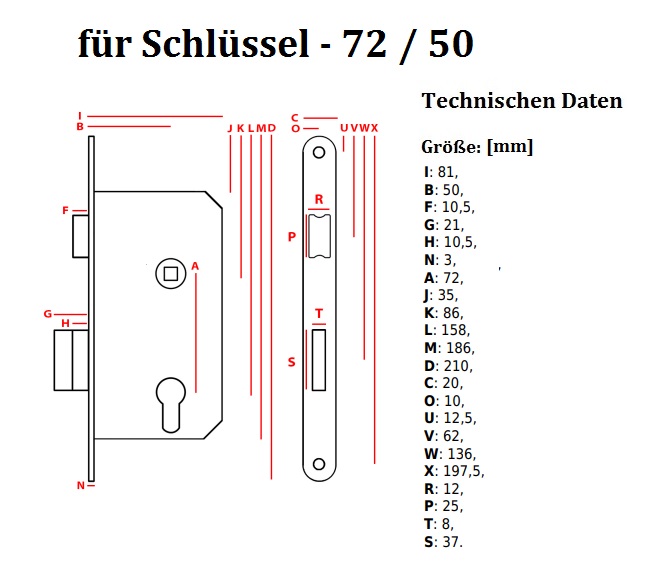 Einsteckschloss 72 / 50 Türschloss Rechts/Links für Schlüssel Schloss