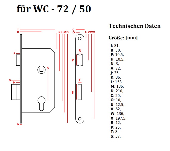 Einsteckschloss 72 / 50 Türschloss Rechts/Links für WC Schloss